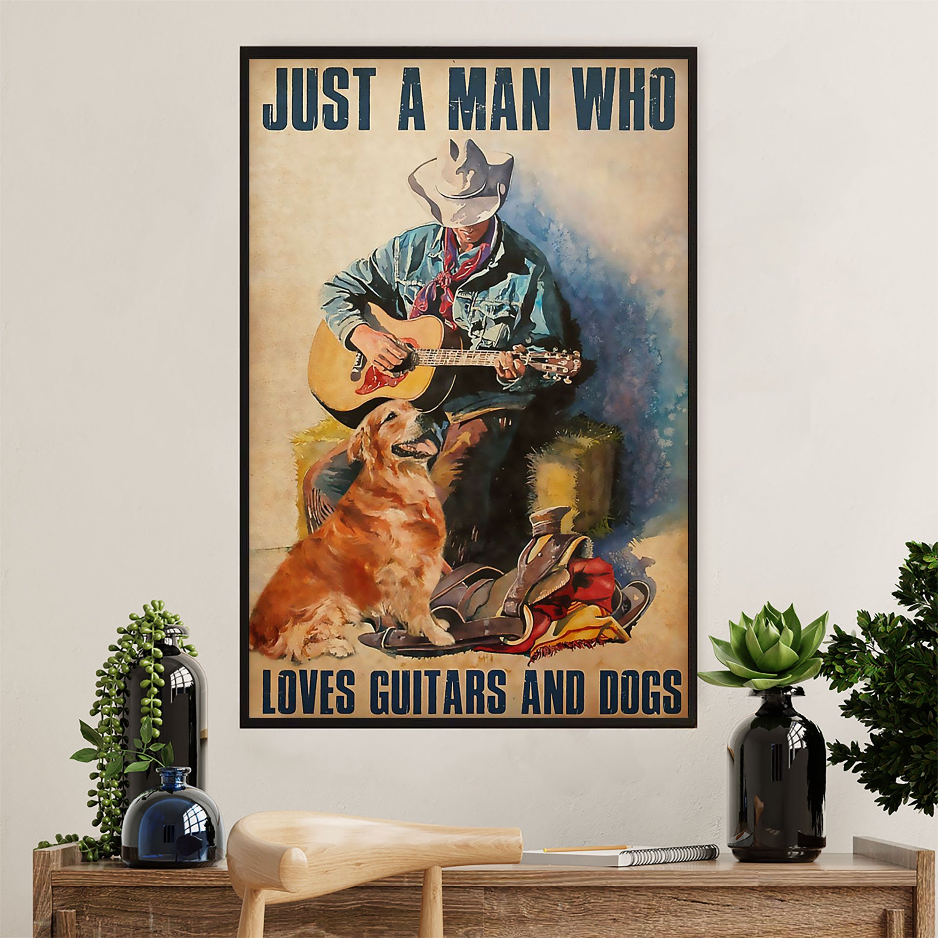 Music Guitar Poster Prints | Man Loves Guitars & Dogs | Wall Art Gift for Guitarist