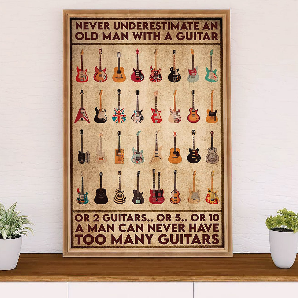 Music Guitar Canvas Wall Art Prints | Old Man With Too Many Guitars | Home Décor Gift for Guitarist