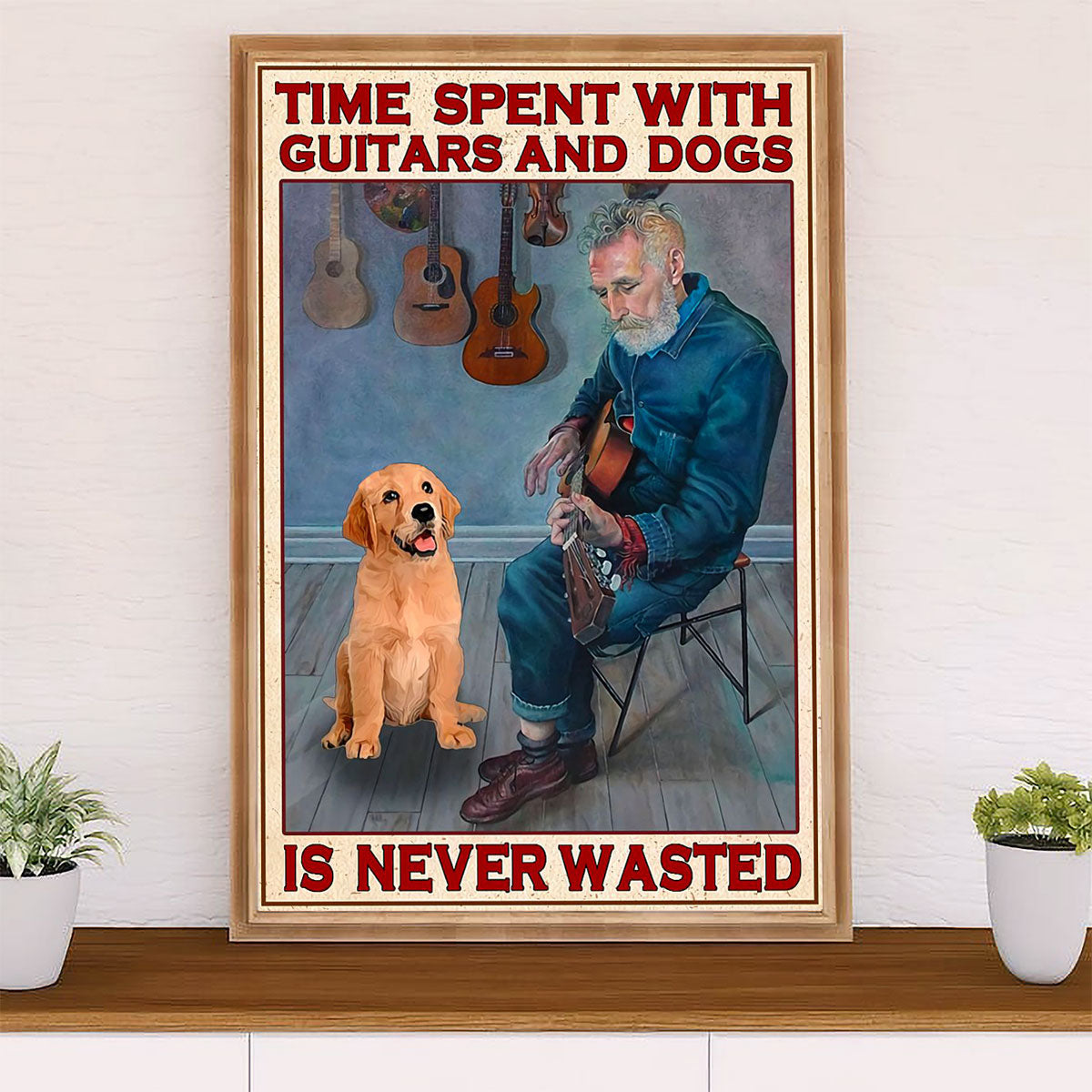 Music Guitar Canvas Wall Art Prints | Time Spent With Guitar, Books & Wine | Home Décor Gift for Guitarist