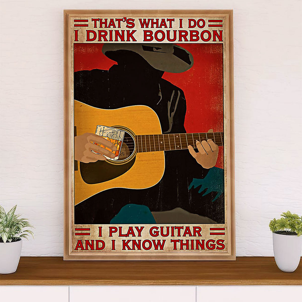 Music Guitar Canvas Wall Art Prints | Drink Bourbon, Play Guitar & Know Things | Home Décor Gift for Guitarist