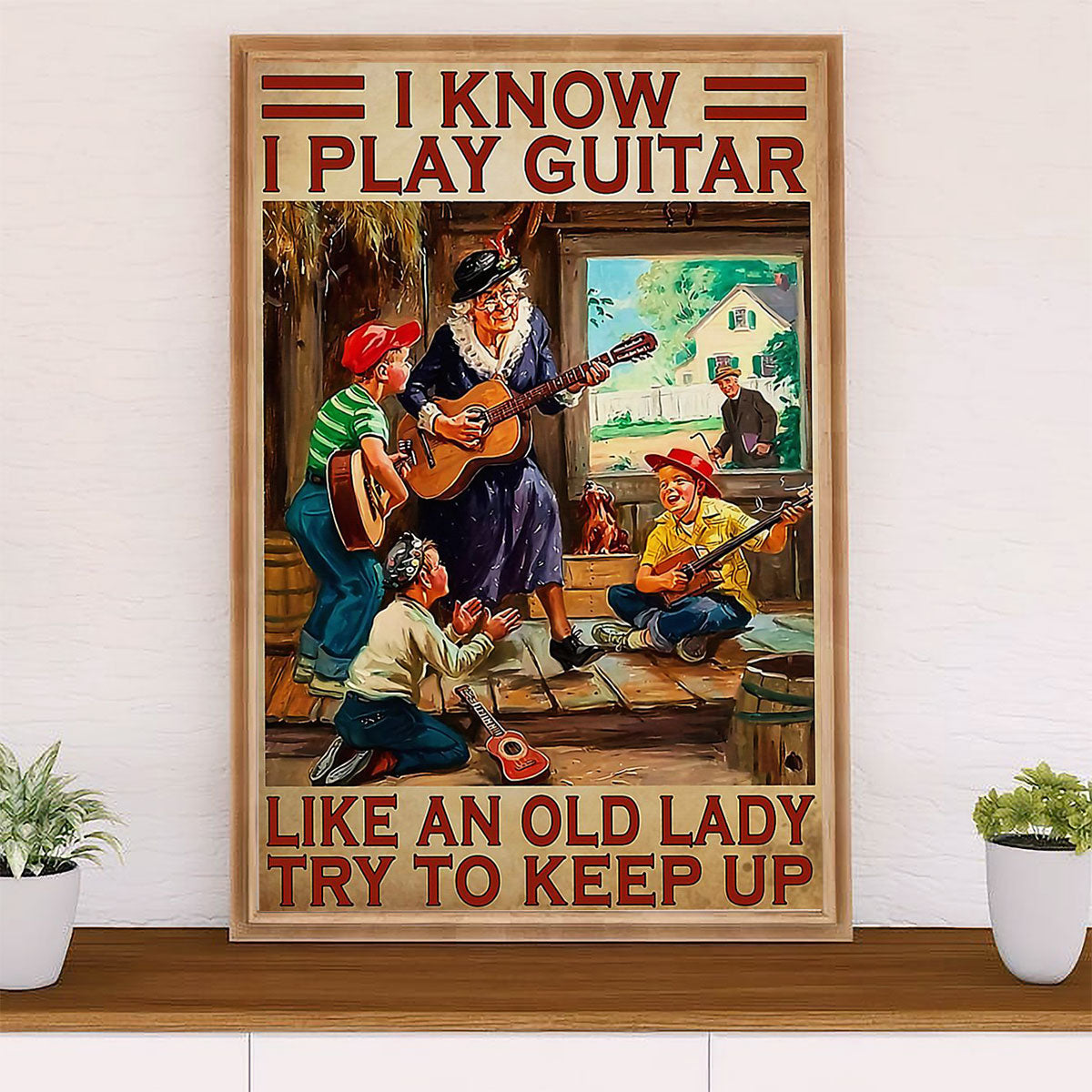 Music Guitar Poster Prints | Old Lady Plays Guitar | Wall Art Gift for Guitarist