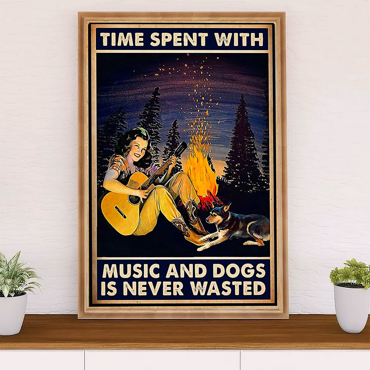 Music Guitar Canvas Wall Art Prints | Time Spent With Music & Dogs | Home Décor Gift for Guitarist