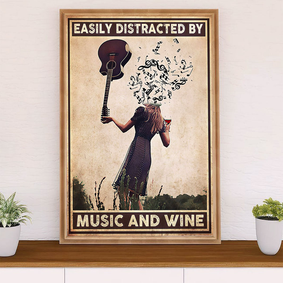 Music Guitar Canvas Wall Art Prints | Girl Distracted By Music & Wine | Home Décor Gift for Guitarist