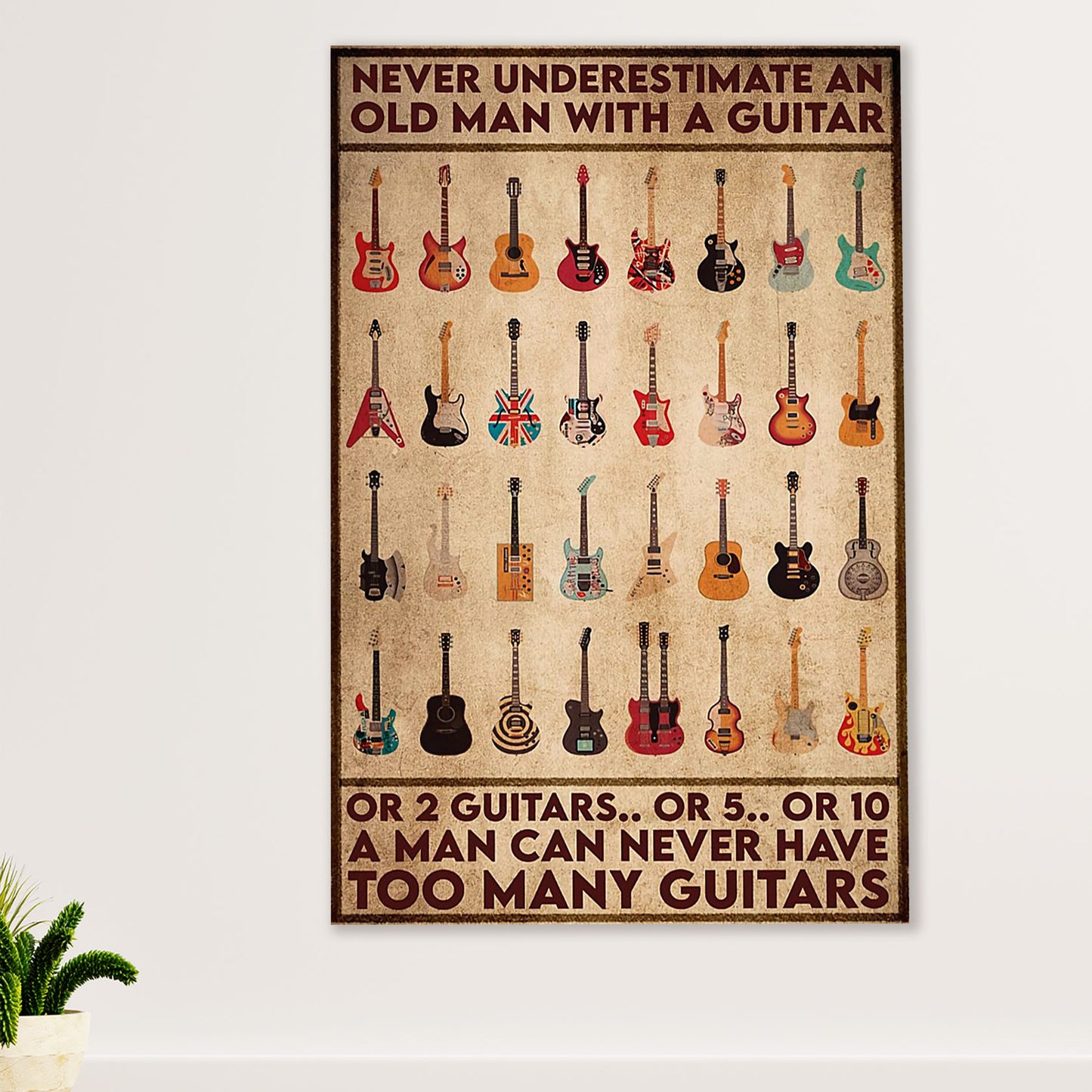 Music Guitar Canvas Wall Art Prints | Old Man With Too Many Guitars | Home Décor Gift for Guitarist