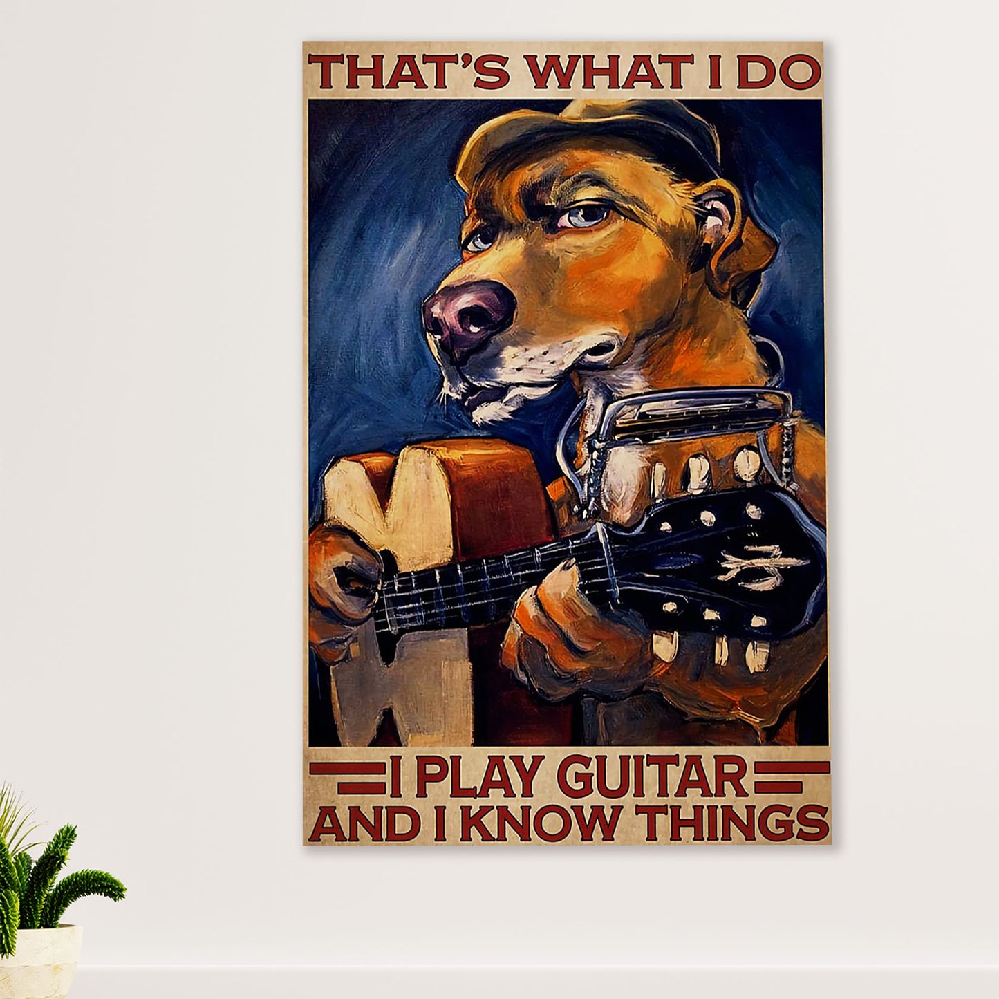 Music Guitar Canvas Wall Art Prints | Dog Plays Guitar | Home Décor Gift for Guitarist