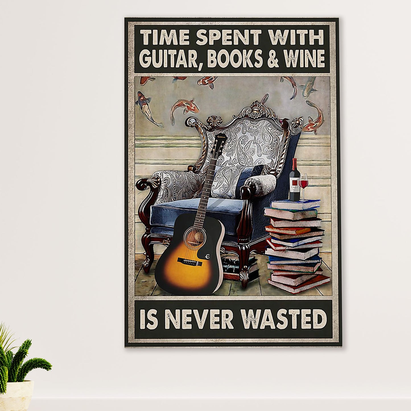Music Guitar Canvas Wall Art Prints | Time Spent With Guitar, Books & Wine | Home Décor Gift for Guitarist
