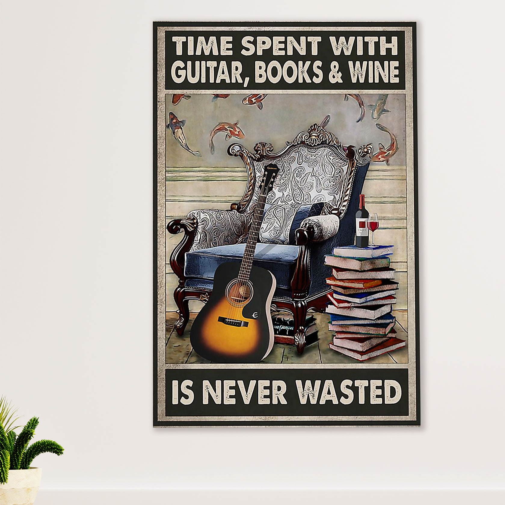 Music Guitar Canvas Wall Art Prints | Time Spent With Guitar, Books & Wine | Home Décor Gift for Guitarist