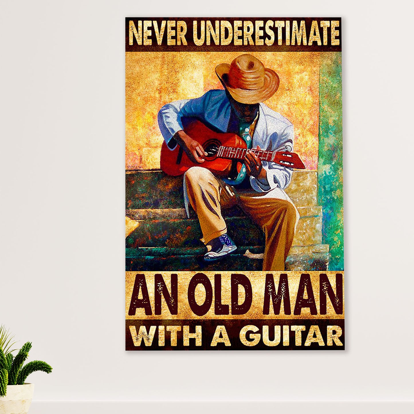 Music Guitar Canvas Wall Art Prints | Old Man With A Guitar | Home Décor Gift for Guitarist