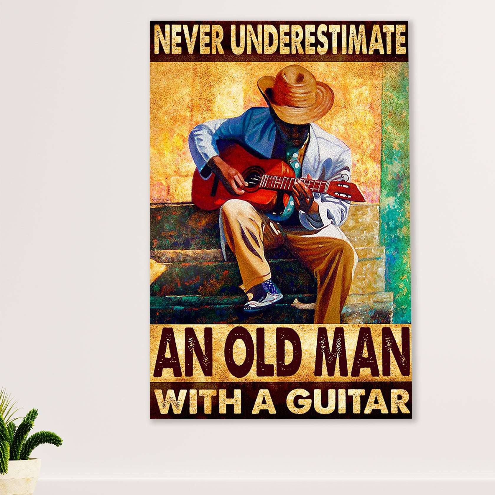 Music Guitar Canvas Wall Art Prints | Old Man With A Guitar | Home Décor Gift for Guitarist