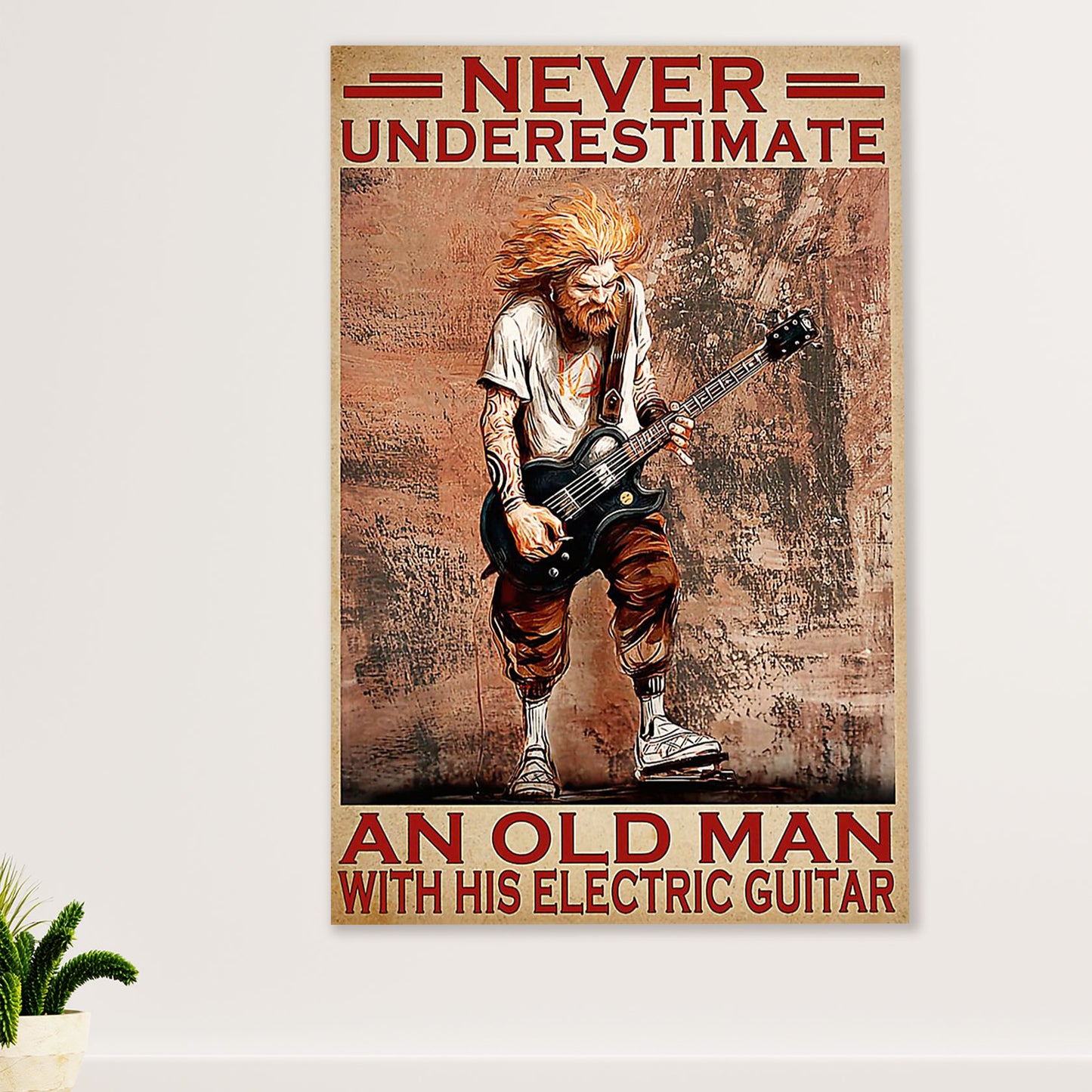 Music Guitar Poster Prints | Old Man With An Electric Guitar | Wall Art Gift for Guitarist