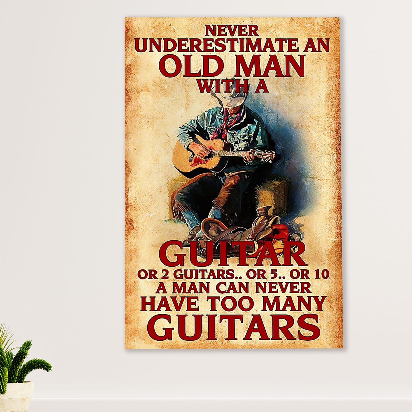 Music Guitar Canvas Wall Art Prints | Old Man With A Guitar | Home Décor Gift for Guitarist