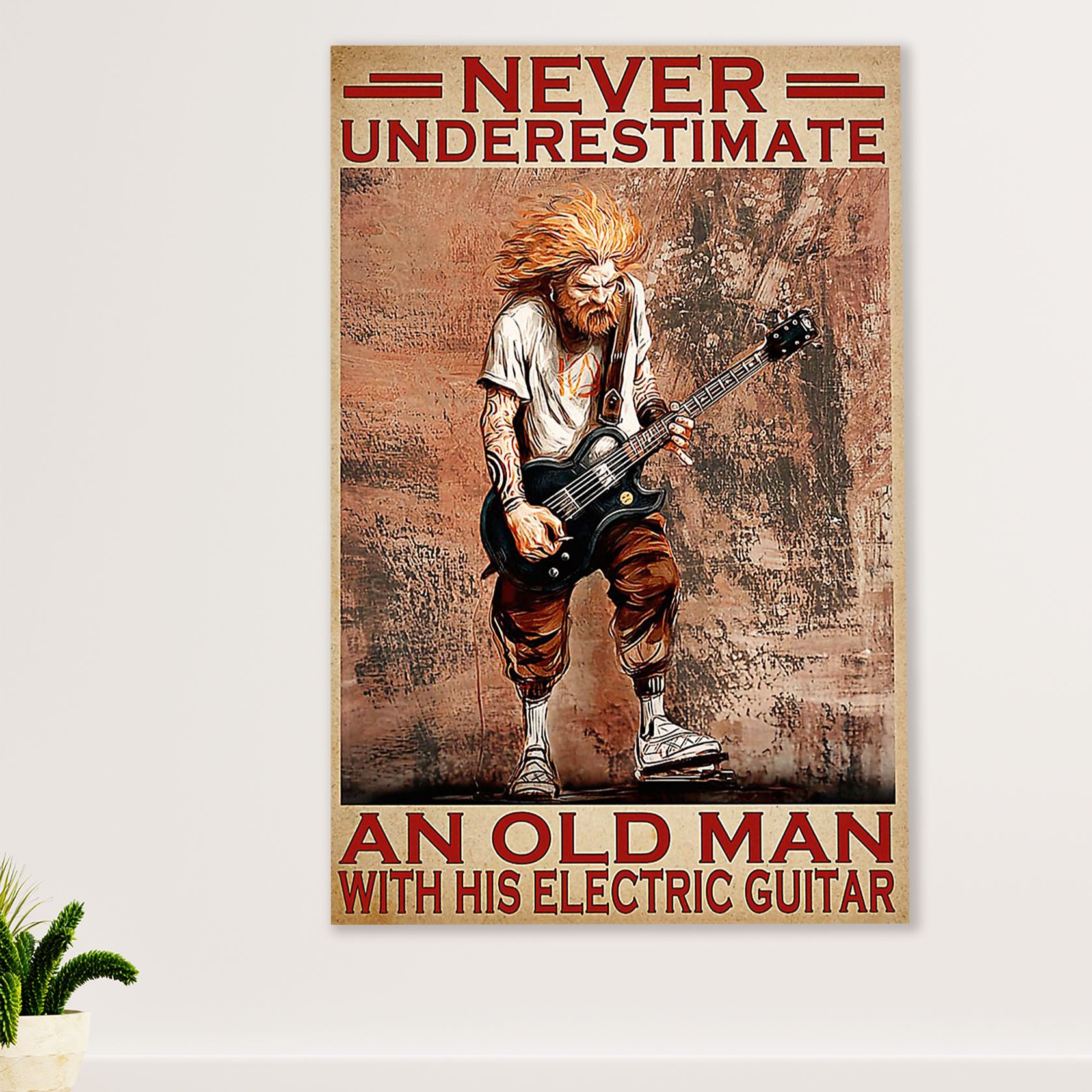 Music Guitar Canvas Wall Art Prints | Old Man With An Electric Guitar | Home Décor Gift for Guitarist