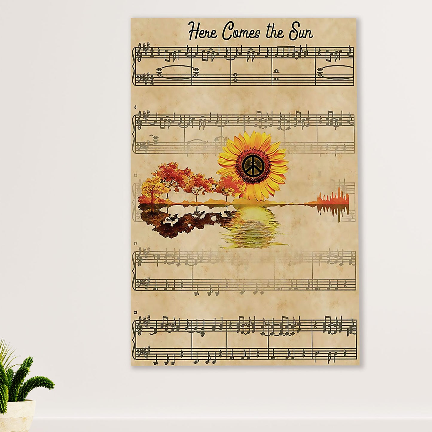 Music Guitar Canvas Wall Art Prints | Here Comes The Sun Hippie | Home Décor Gift for Guitarist