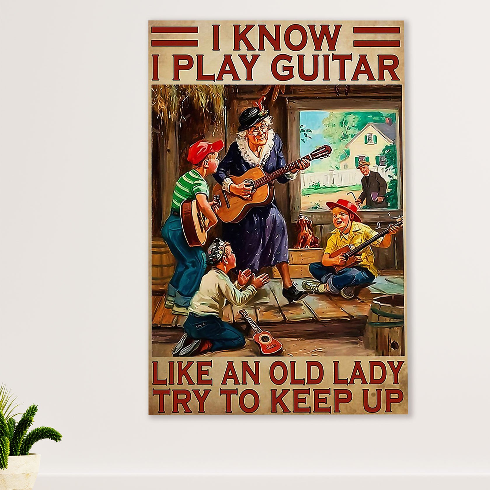 Music Guitar Canvas Wall Art Prints | Old Lady Plays Guitar | Home Décor Gift for Guitarist