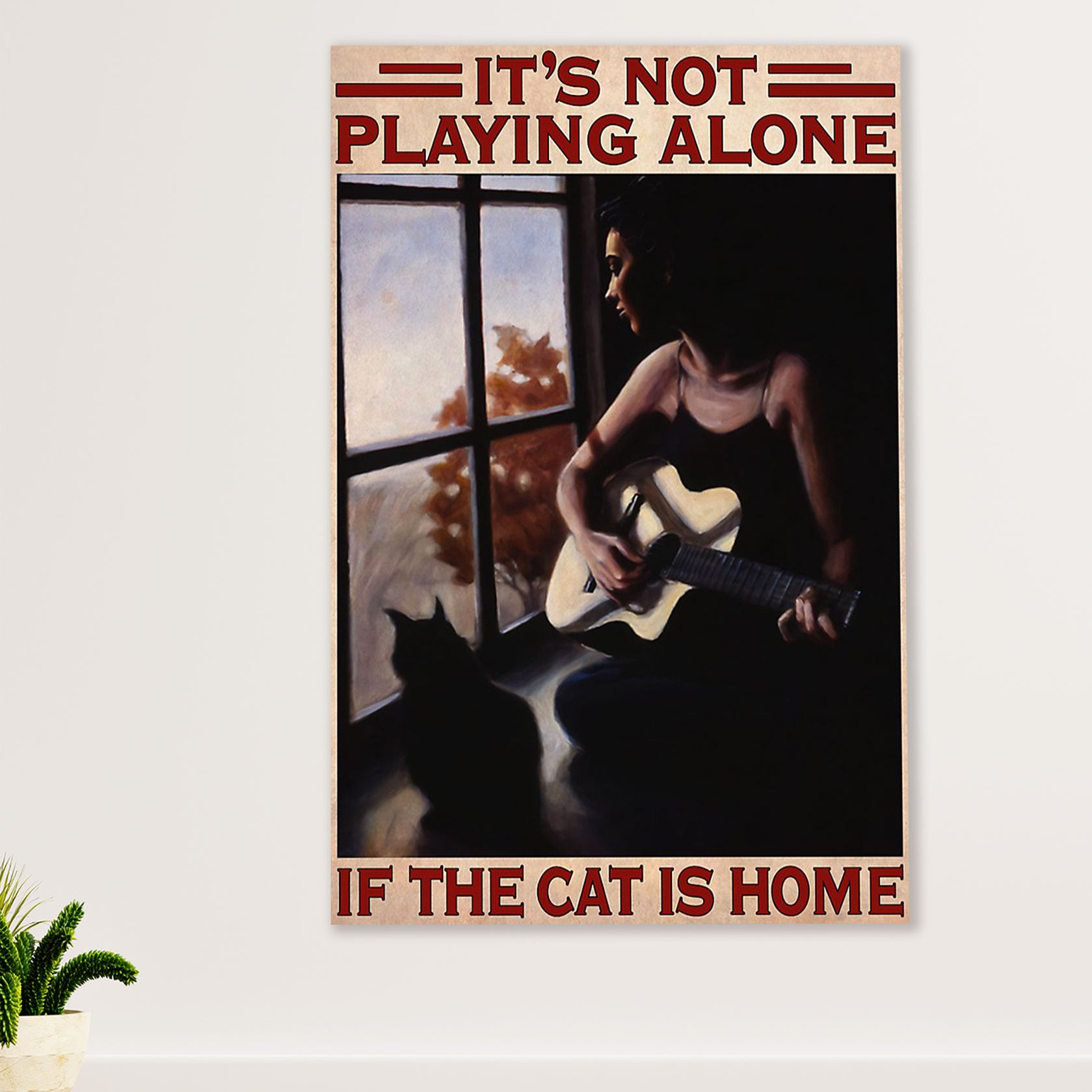 Music Guitar Canvas Wall Art Prints | Girl & Cat Playing Guitar | Home Décor Gift for Guitarist