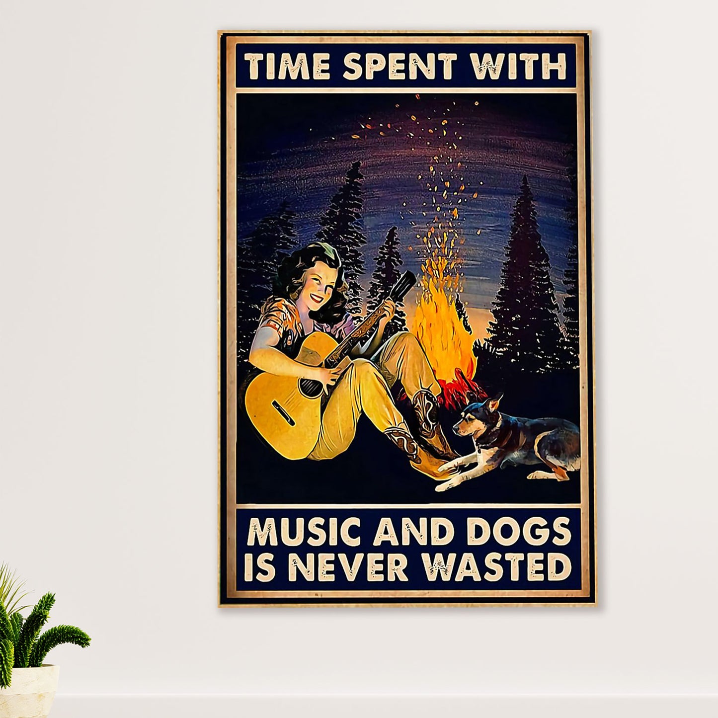 Music Guitar Poster Prints | Time Spent With Music & Dogs | Wall Art Gift for Guitarist