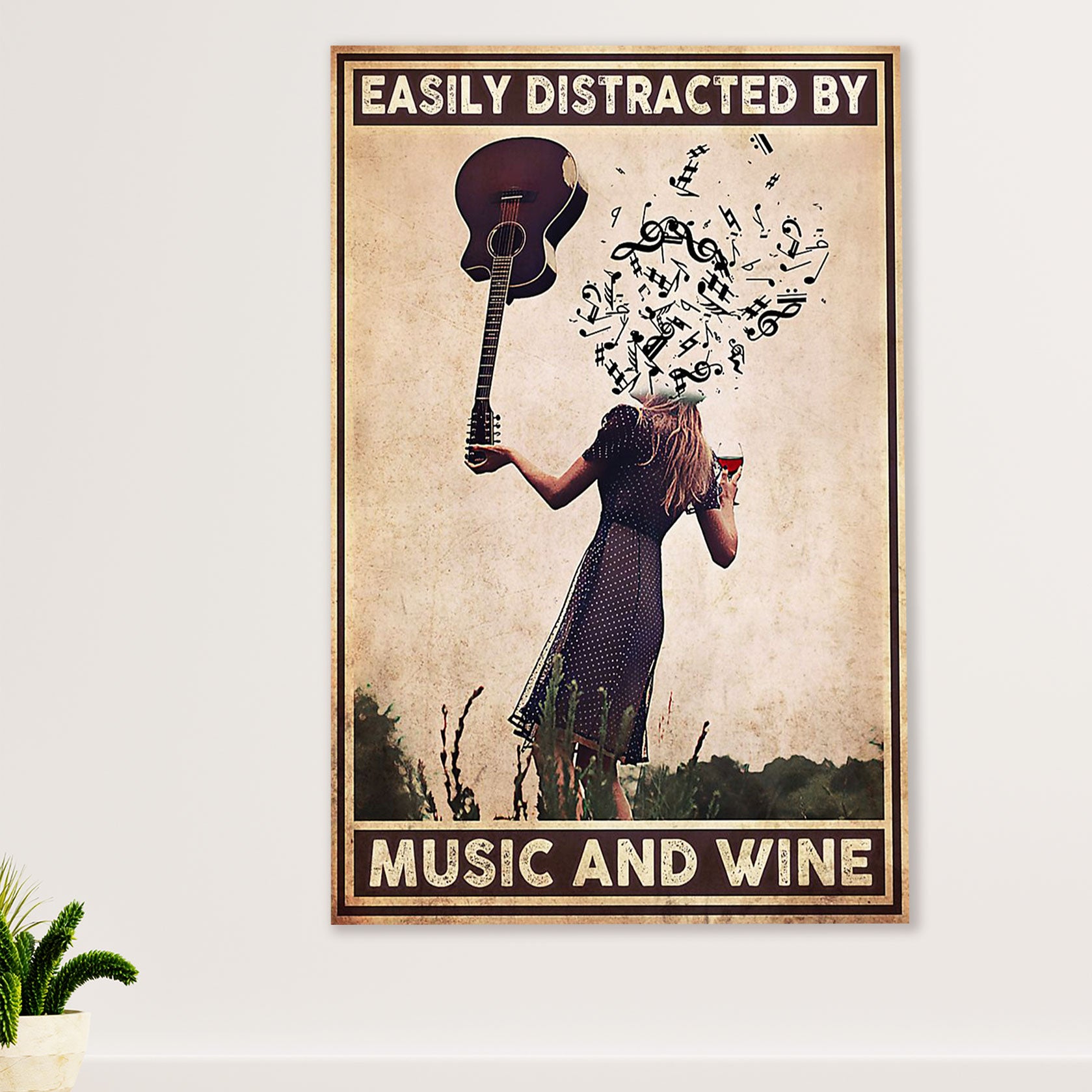Music Guitar Canvas Wall Art Prints | Girl Distracted By Music & Wine | Home Décor Gift for Guitarist