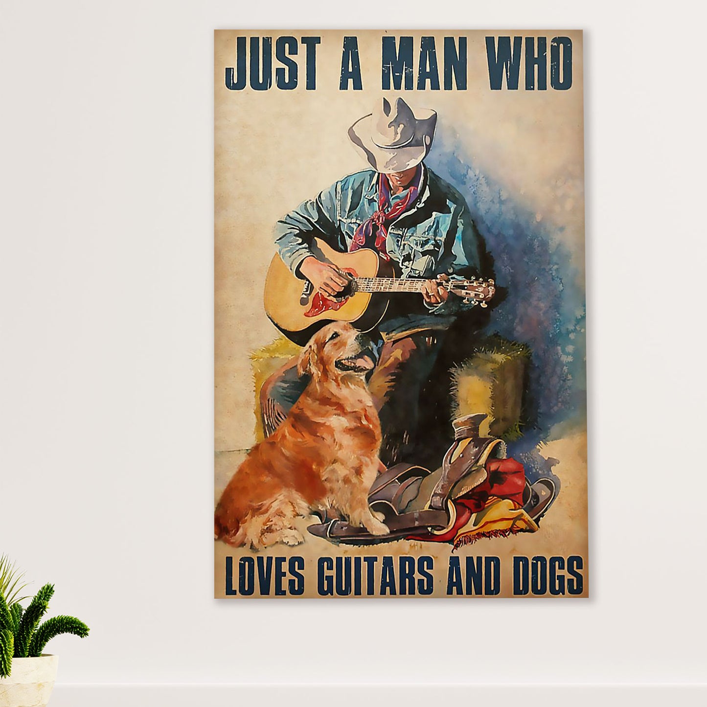 Music Guitar Poster Prints | Man Loves Guitars & Dogs | Wall Art Gift for Guitarist