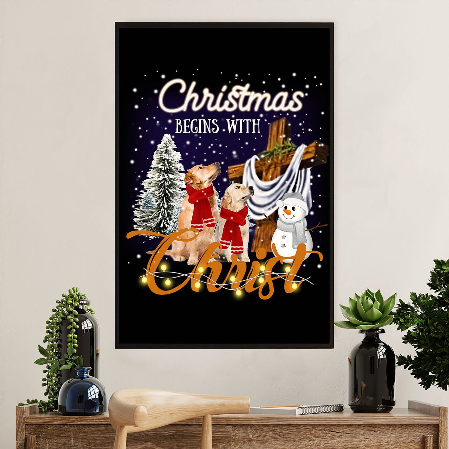Golden Retriever Canvas Wall Art | Christmas Begin With Christ | Home Décor Gift for Dog Puppies Lover