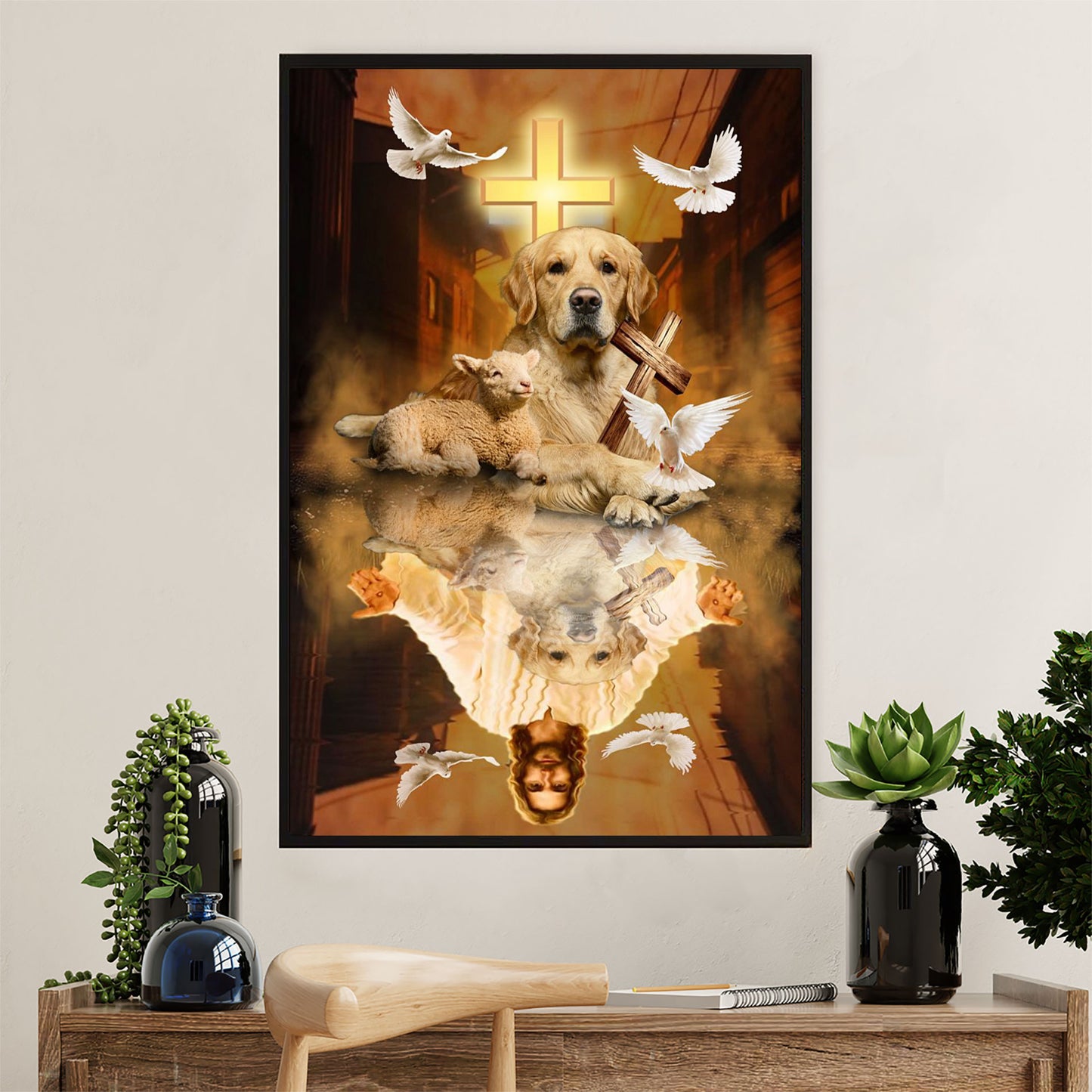 Golden Retriever Canvas Wall Art | Dog Reflection Jesus | Home Décor Gift for Dog Puppies Lover