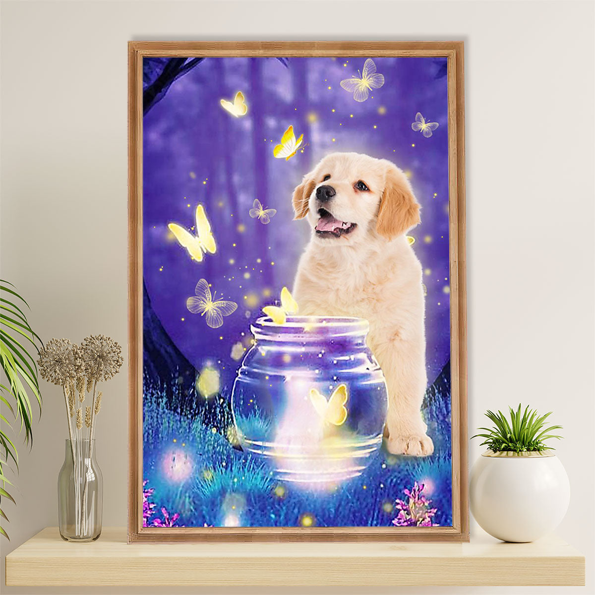 Golden Retriever Canvas Wall Art | Puppies Dog Butterfly | Home Décor Gift for Dog Puppies Lover