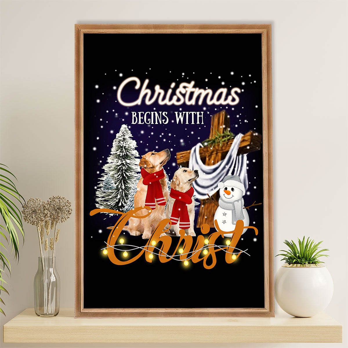 Golden Retriever Canvas Wall Art | Christmas Begin With Christ | Home Décor Gift for Dog Puppies Lover