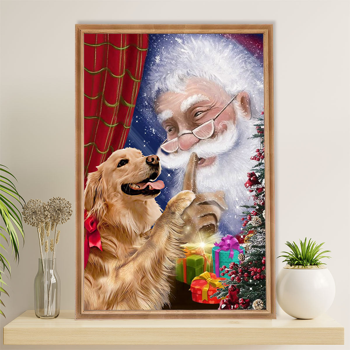 Golden Retriever Canvas Wall Art | Santa Claus Christmas | Home Décor Gift for Dog Puppies Lover