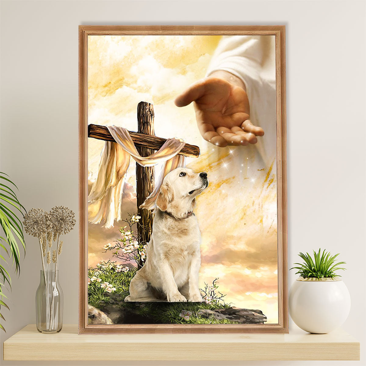 Golden Retriever Canvas Wall Art | Jesus Christ Gives Hand | Home Décor Gift for Dog Puppies Lover