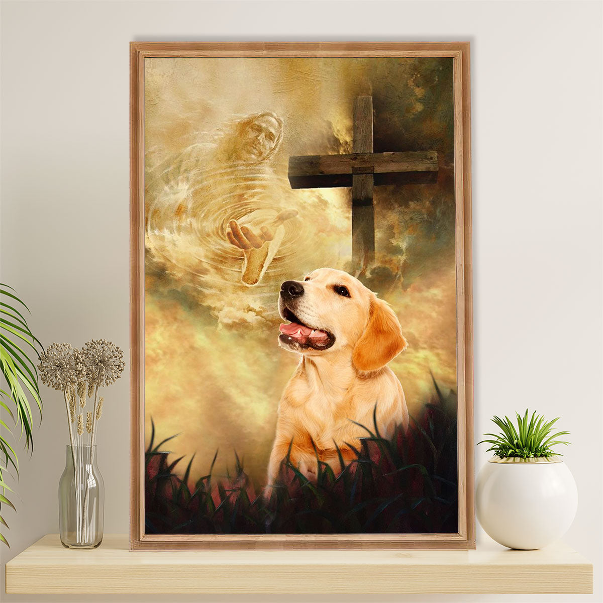 Golden Retriever Canvas Wall Art | Jesus Christ Gives Hand | Home Décor Gift for Dog Puppies Lover