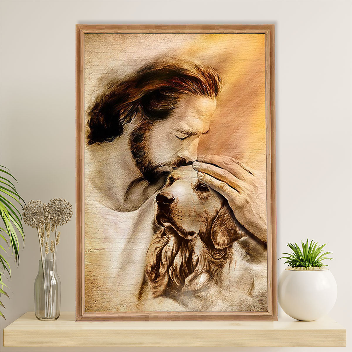 Golden Retriever Canvas Wall Art | Jesus Chrisit & Dog | Home Décor Gift for Dog Puppies Lover
