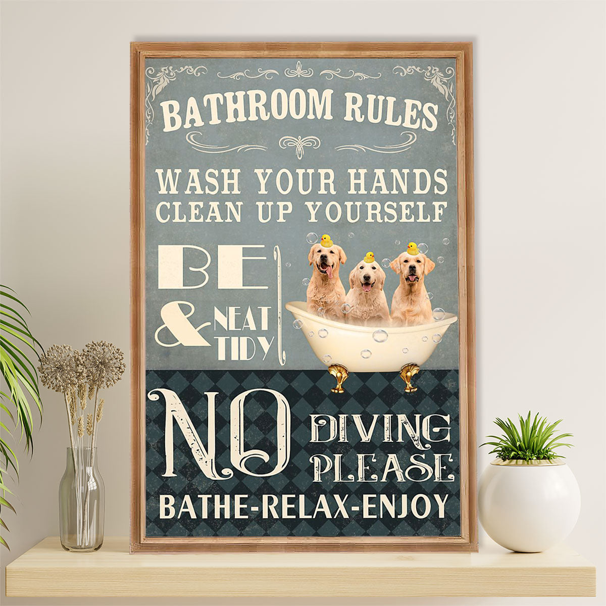 Golden Retriever Canvas Wall Art | Bathroom Rules | Home Décor Gift for Dog Puppies Lover
