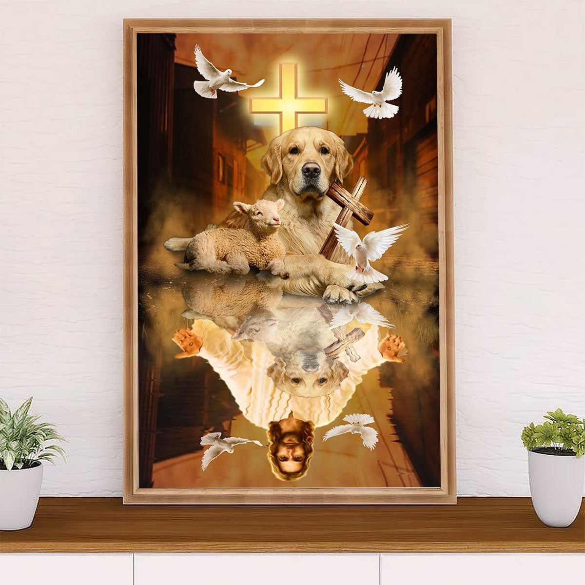 Golden Retriever Canvas Wall Art | Dog Reflection Jesus | Home Décor Gift for Dog Puppies Lover