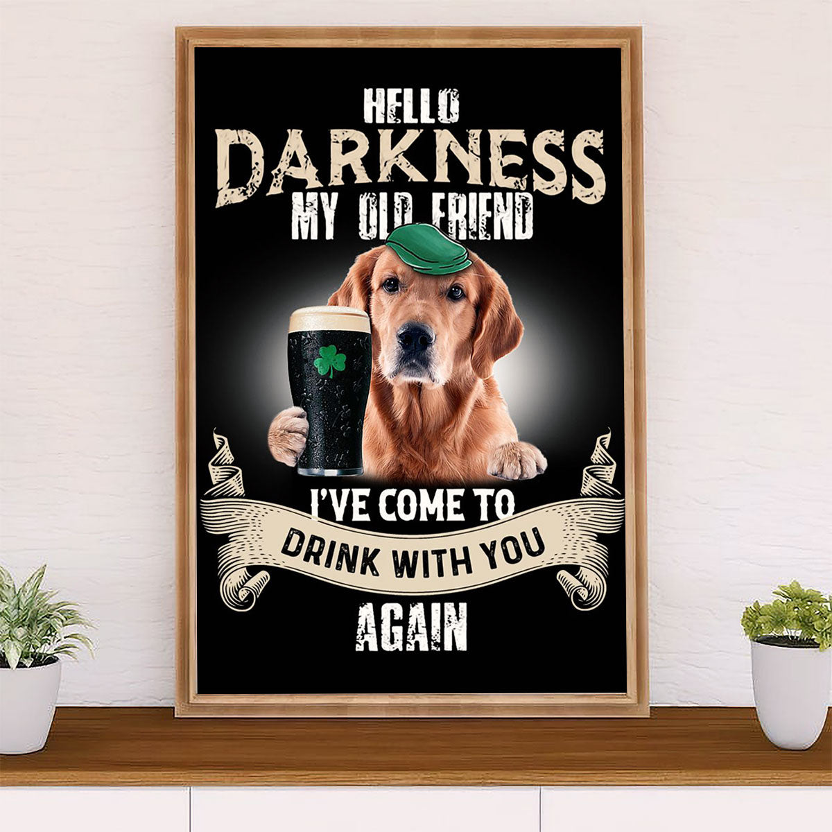 Golden Retriever Canvas Wall Art | Hello Darkness My Old Friend | Home Décor Gift for Dog Puppies Lover