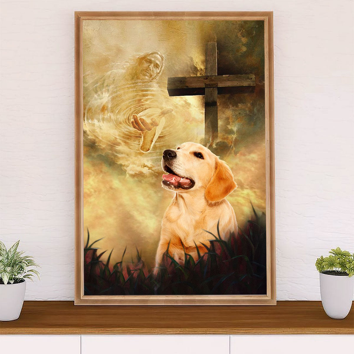 Golden Retriever Canvas Wall Art | Jesus Christ Gives Hand | Home Décor Gift for Dog Puppies Lover