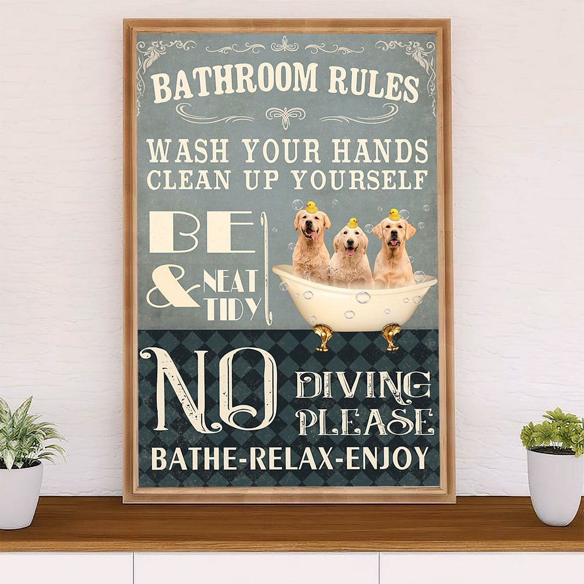Golden Retriever Canvas Wall Art | Bathroom Rules | Home Décor Gift for Dog Puppies Lover