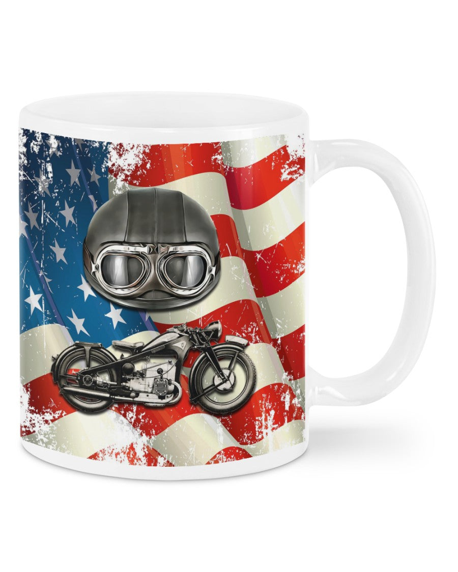 Motorcycle Coffee Mug | American Flag Biker Helmet | Drinkware Gift for Men Women Biker, Motorcyclist