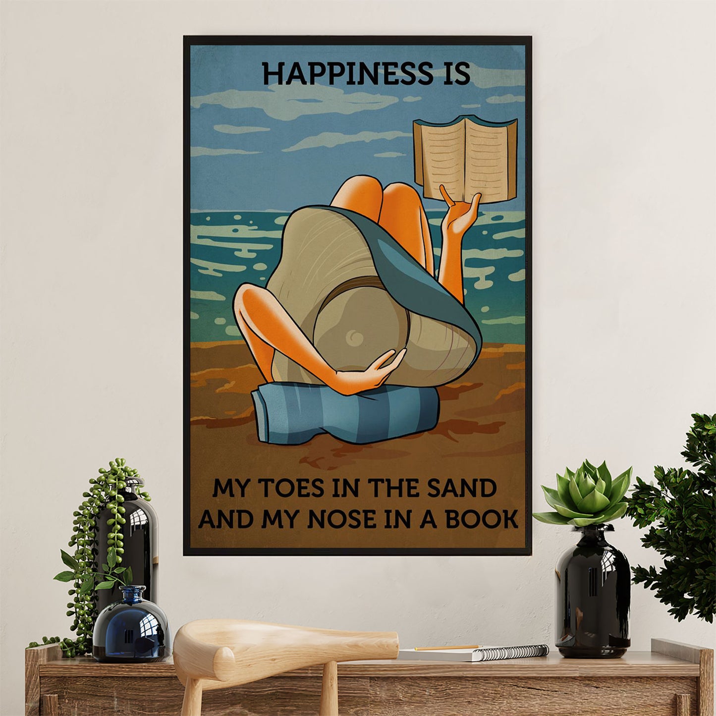 Summer Ocean Canvas Wall Art Prints | Happy Girl Reading Book | Gift for Sand Beach Sea Lover