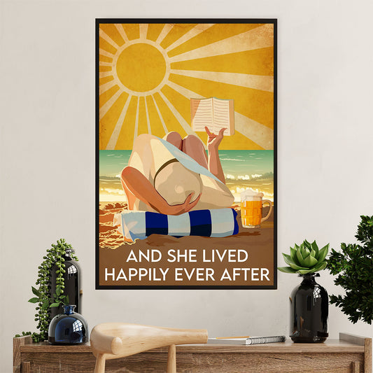 Summer Beach Ocean Poster | Girl Reading Book & Drink Beer | Wall Art Gift for Sand Sea Ocean Lover