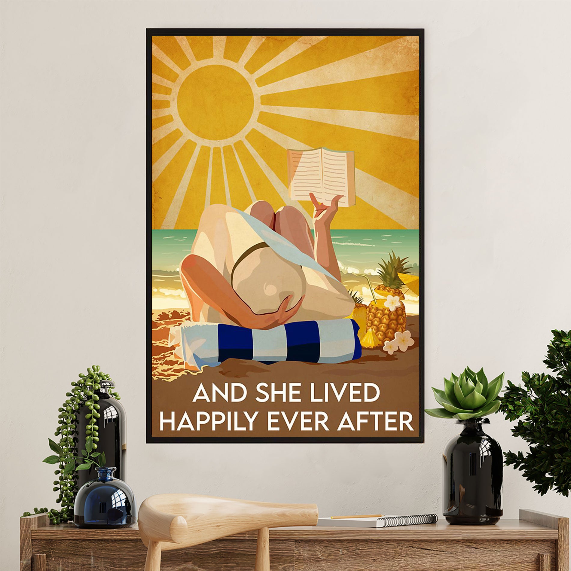 Summer Ocean Canvas Wall Art Prints | Girl Reading Books | Gift for Sand Beach Sea Lover