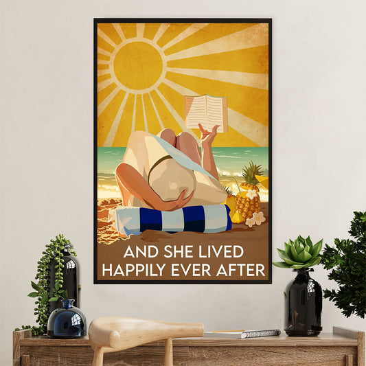 Summer Beach Ocean Poster | Girl Reading Books | Wall Art Gift for Sand Sea Ocean Lover