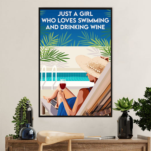 Summer Beach Ocean Poster | Girl Loves Swimming & Wine | Wall Art Gift for Sand Sea Ocean Lover