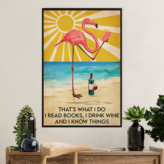 Summer Ocean Canvas Wall Art Prints | Flamingo Reads Books & Drinks Wine | Gift for Sand Beach Sea Lover