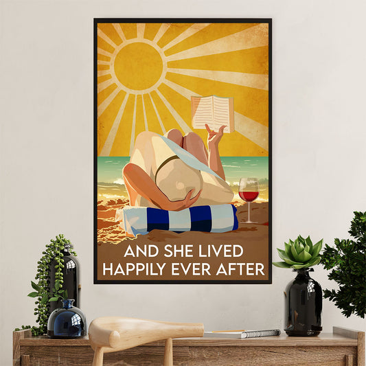 Summer Beach Ocean Poster | Girl Reading Book & Drinking Wine | Wall Art Gift for Sand Sea Ocean Lover