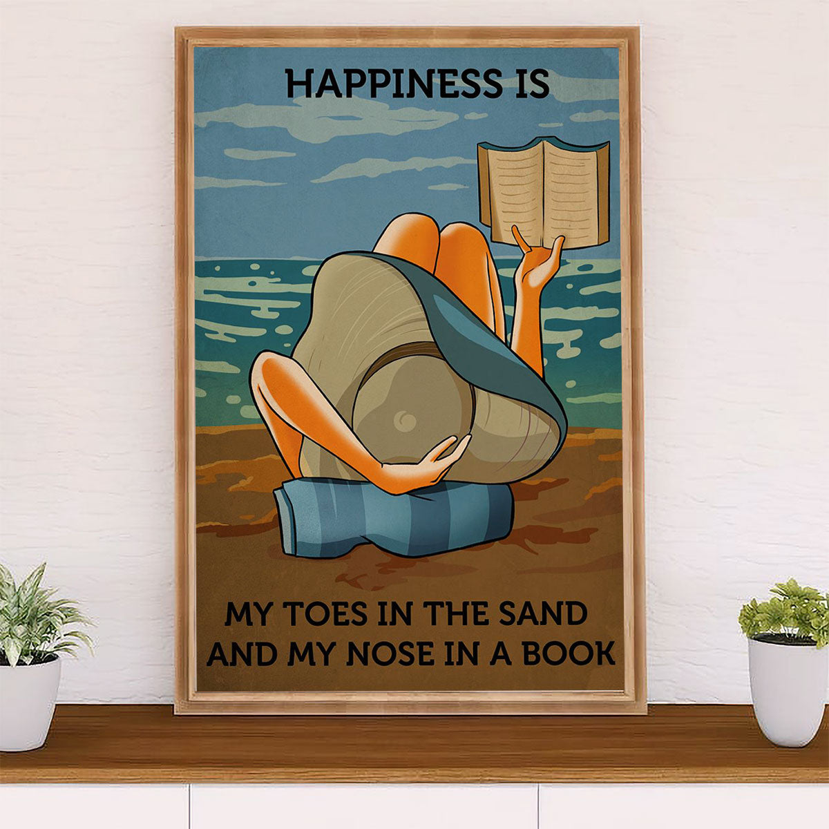 Summer Beach Ocean Poster | Happy Girl Reading Book | Wall Art Gift for Sand Sea Ocean Lover