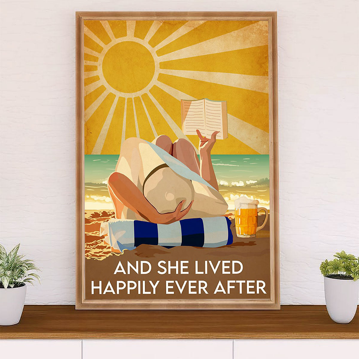 Summer Ocean Canvas Wall Art Prints | Girl Reading Book & Drink Beer | Gift for Sand Beach Sea Lover