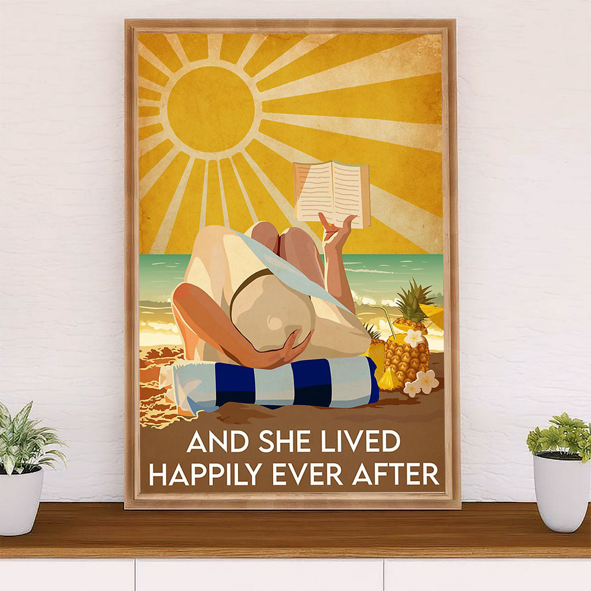 Summer Ocean Canvas Wall Art Prints | Girl Reading Books | Gift for Sand Beach Sea Lover