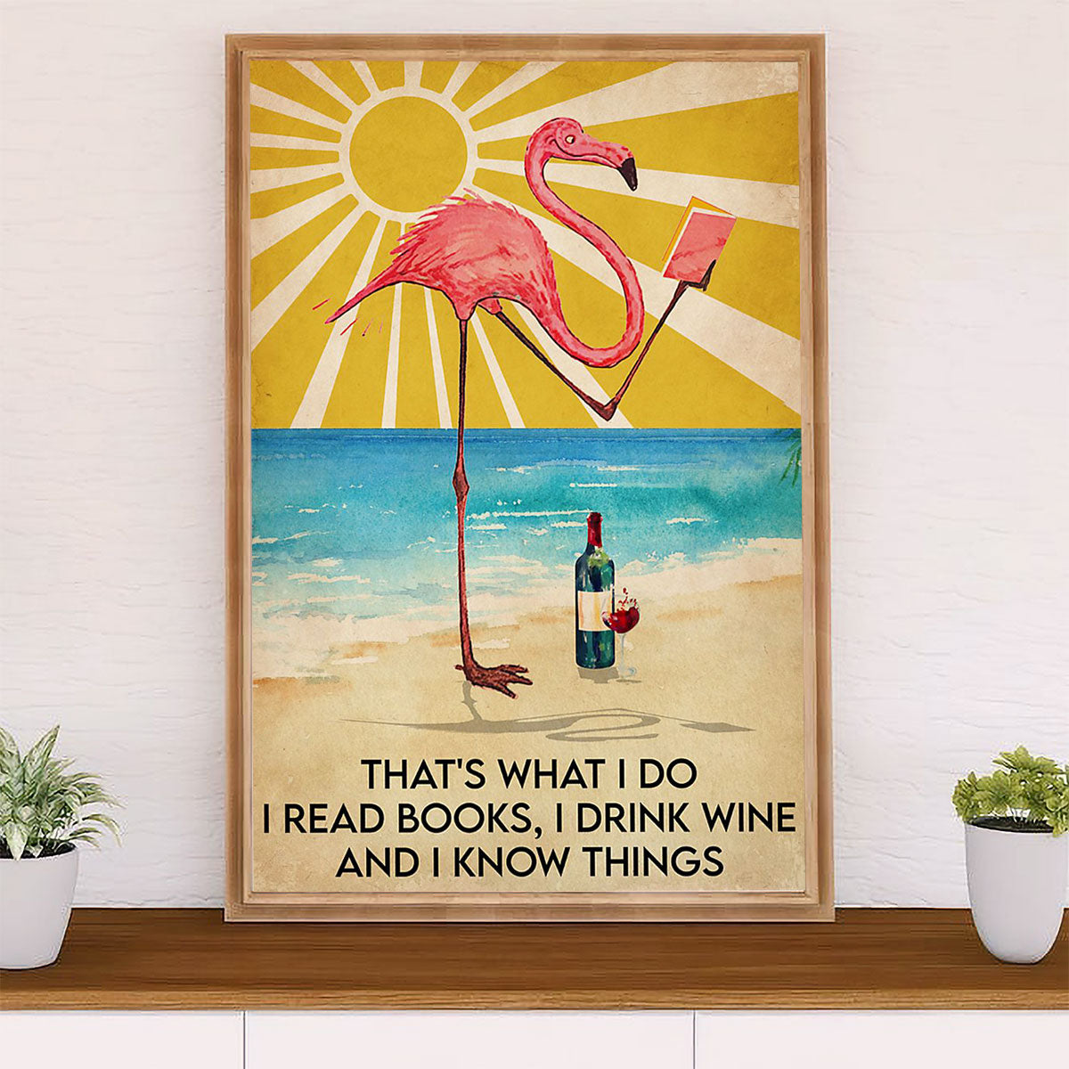 Summer Ocean Canvas Wall Art Prints | Flamingo Reads Books & Drinks Wine | Gift for Sand Beach Sea Lover