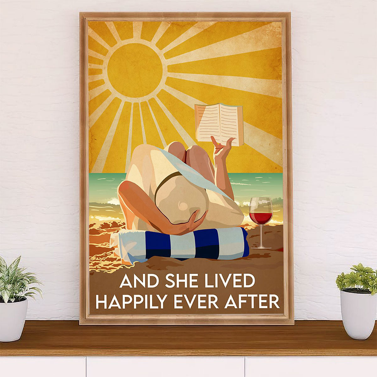 Summer Ocean Canvas Wall Art Prints | Girl Reading Book & Drinking Wine | Gift for Sand Beach Sea Lover