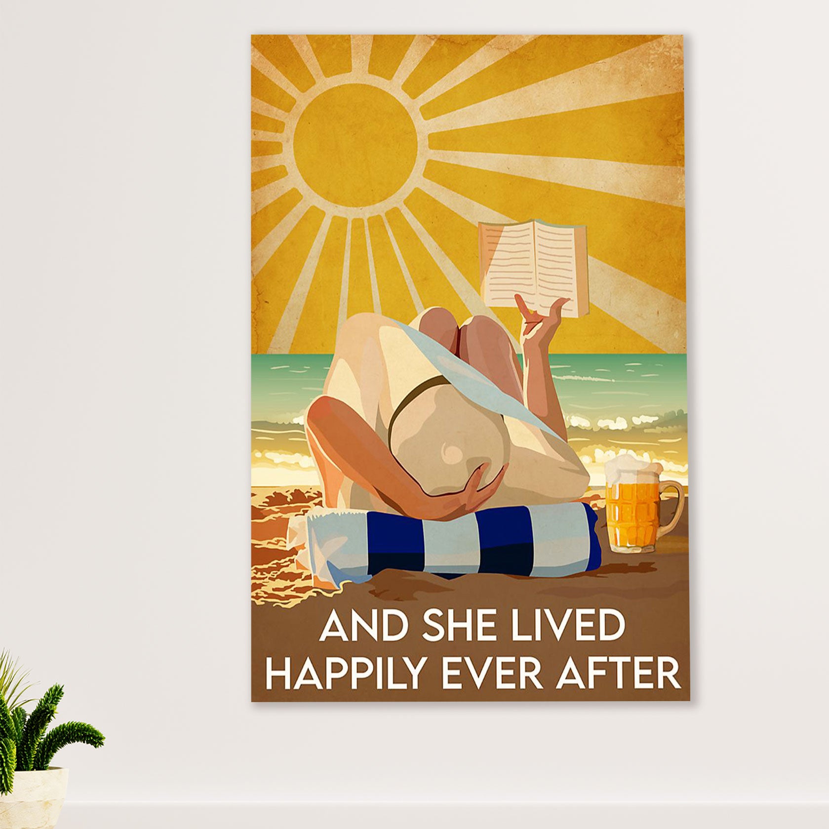 Summer Ocean Canvas Wall Art Prints | Girl Reading Book & Drink Beer | Gift for Sand Beach Sea Lover