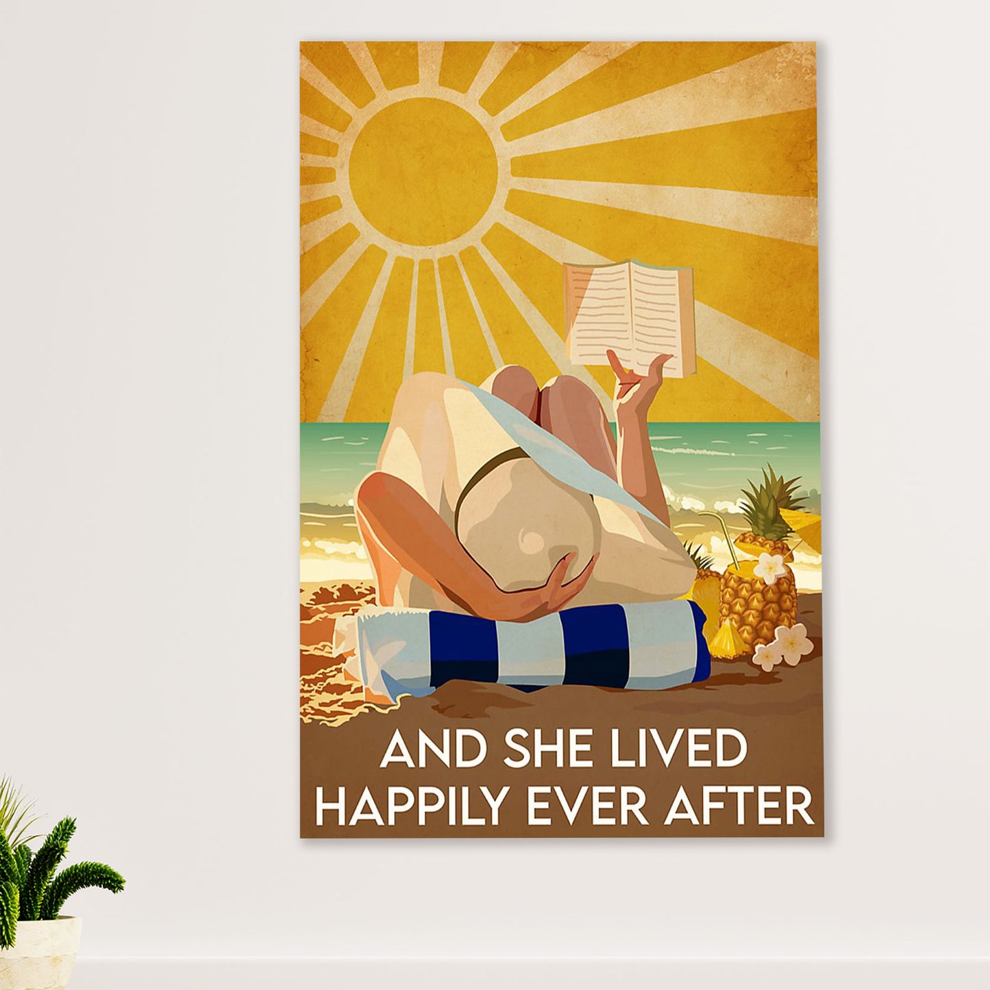 Summer Ocean Canvas Wall Art Prints | Girl Reading Books | Gift for Sand Beach Sea Lover